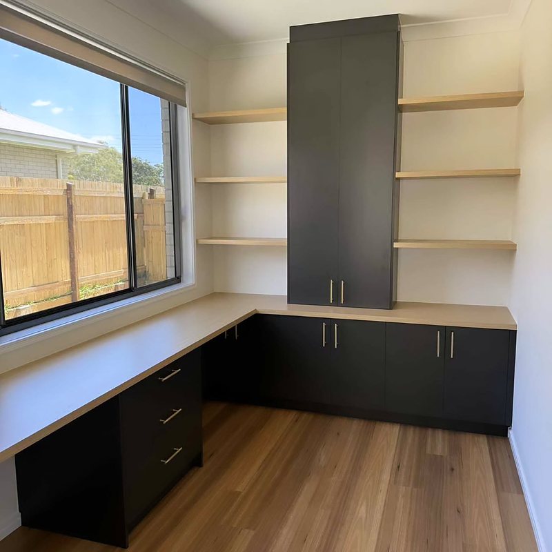 Charcoal and oak home office desk with shelving